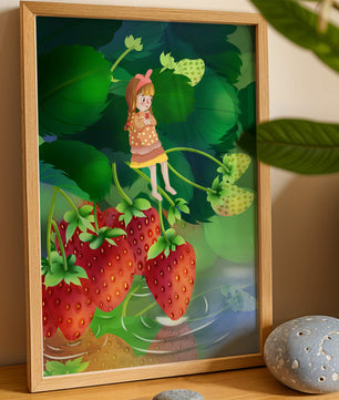 Young girl sitting among large strawberries in a whimsical garden setting