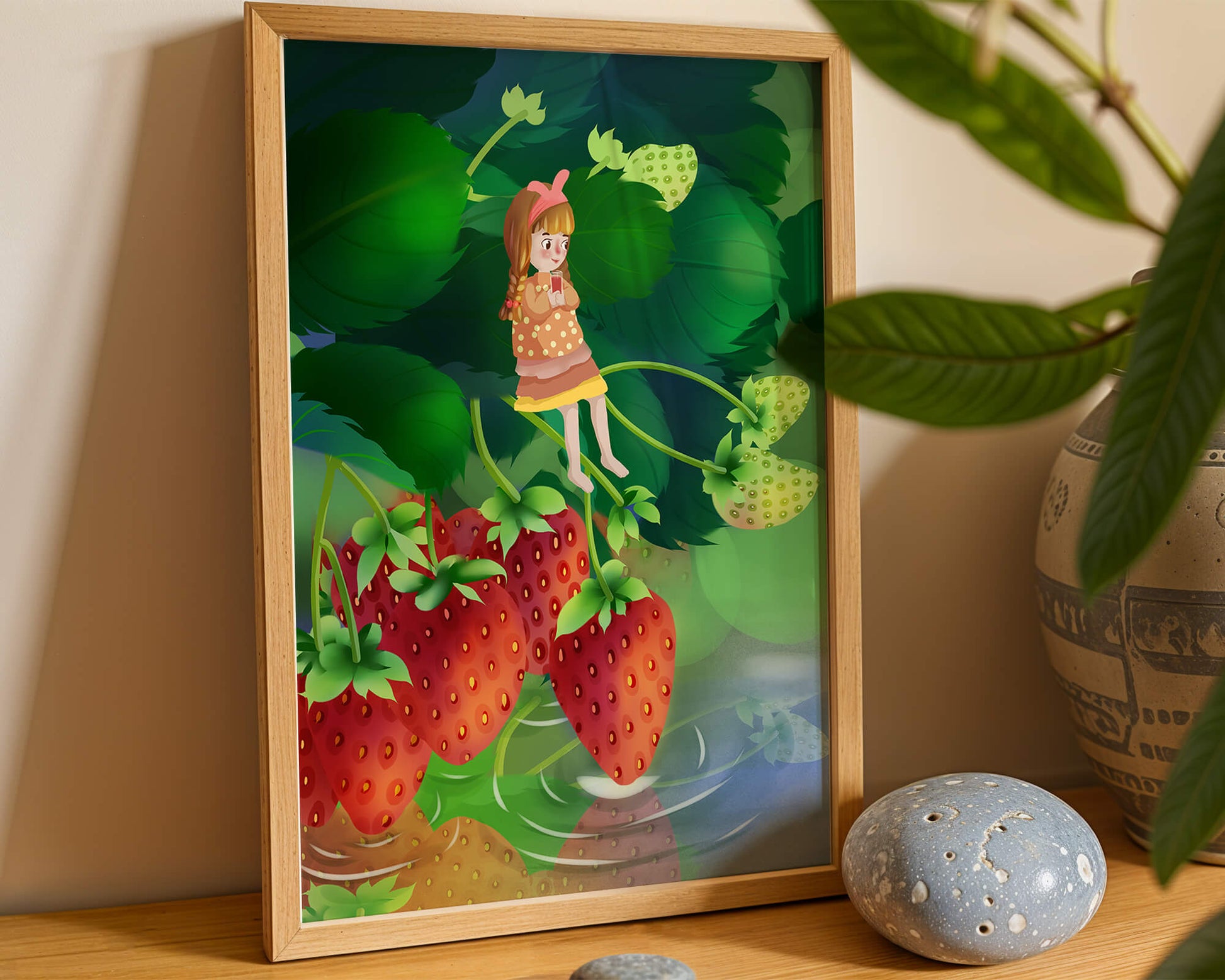 Young girl sitting among large strawberries in a whimsical garden setting
