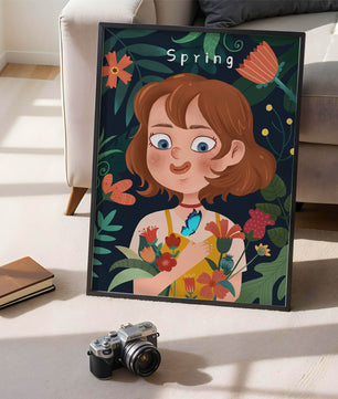 Ilustración primaveral encantadora con flores y mariposa