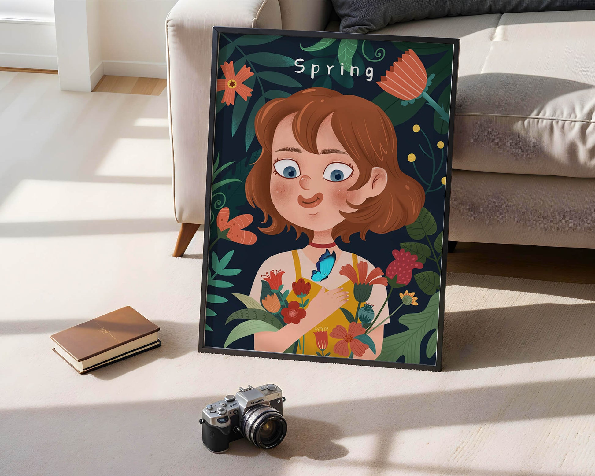 Ilustración primaveral encantadora con flores y mariposa