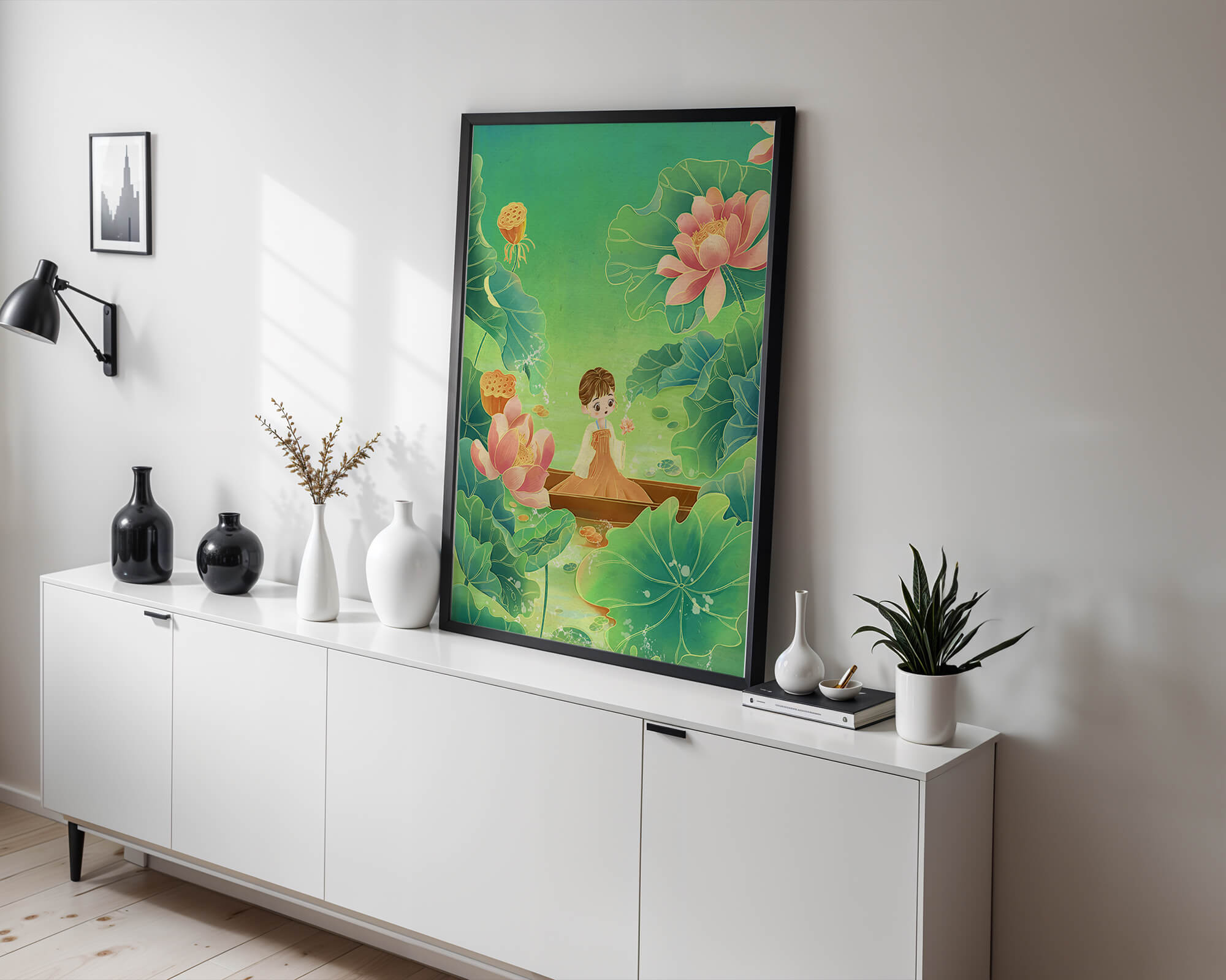 Serene illustration with girl among lotus flowers and green leaves