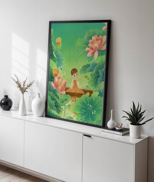 Serene illustration with girl among lotus flowers and green leaves