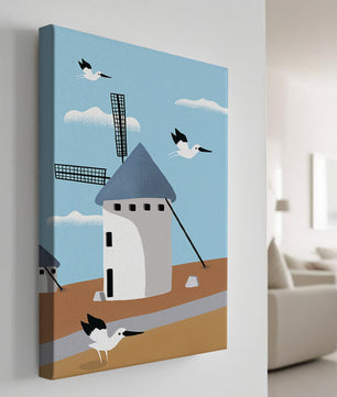 Windmill Landscape with Birds in a Minimalist Style