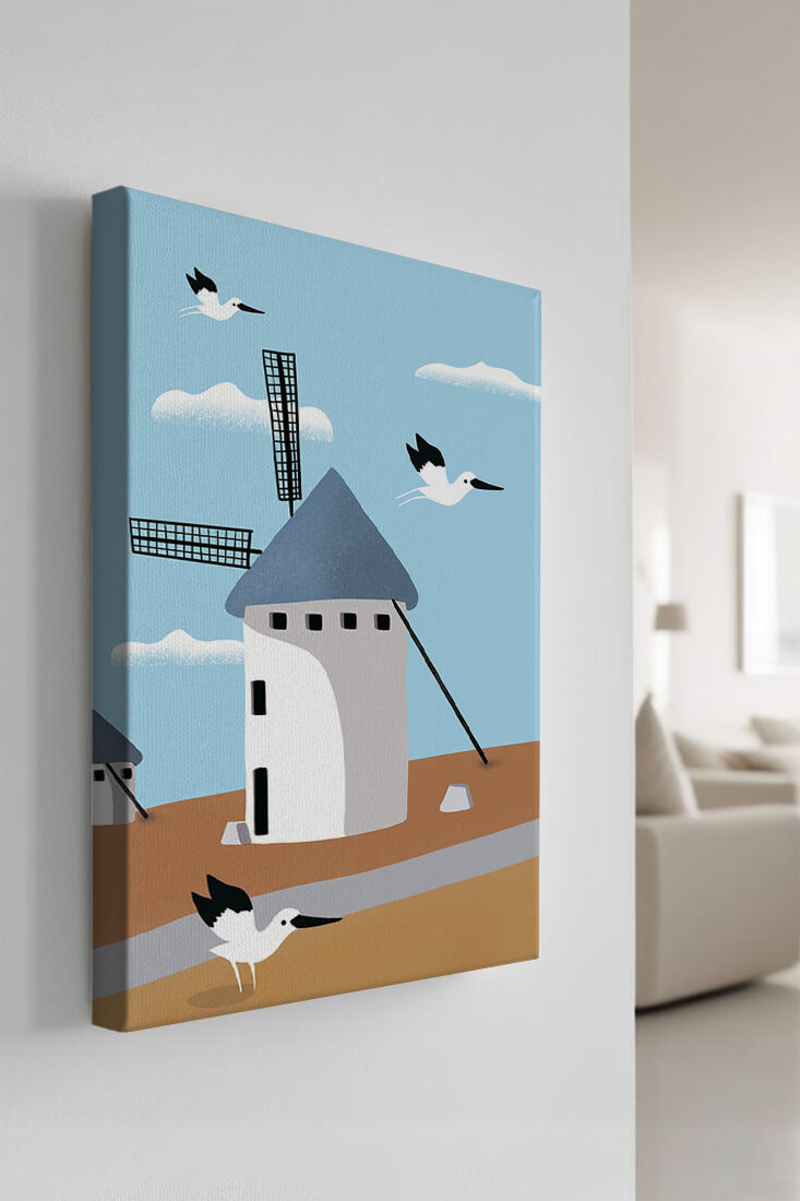 Paisaje de molino de viento con pájaros en estilo minimalista