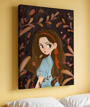 Ilustración elegante de una chica rodeada de follaje abstracto