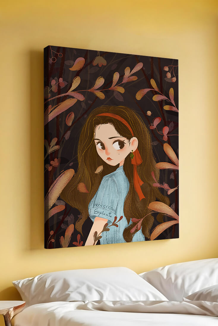 Elegante ilustración de una niña rodeada de follaje abstracto.