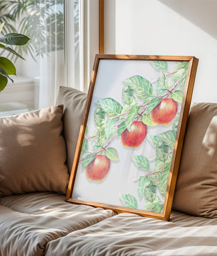 Ilustración de manzanas en la rama de un árbol con hojas verdes