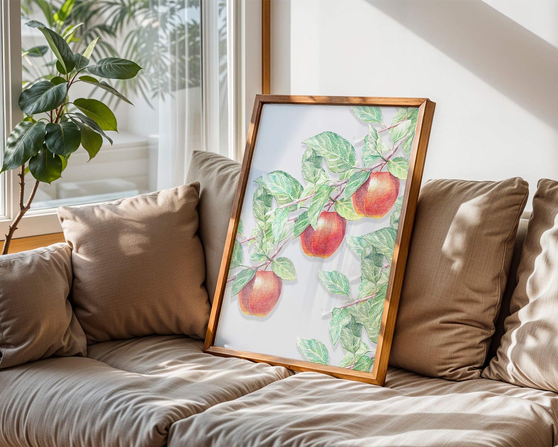 Illustration of Apples on a Tree Branch with Green Leaves