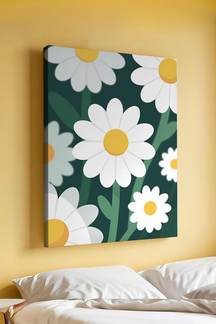 Margaritas sobre fondo verde oscuro con diseño abstracto