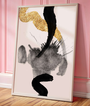 Abstract black and gold brushstrokes with textured patterns