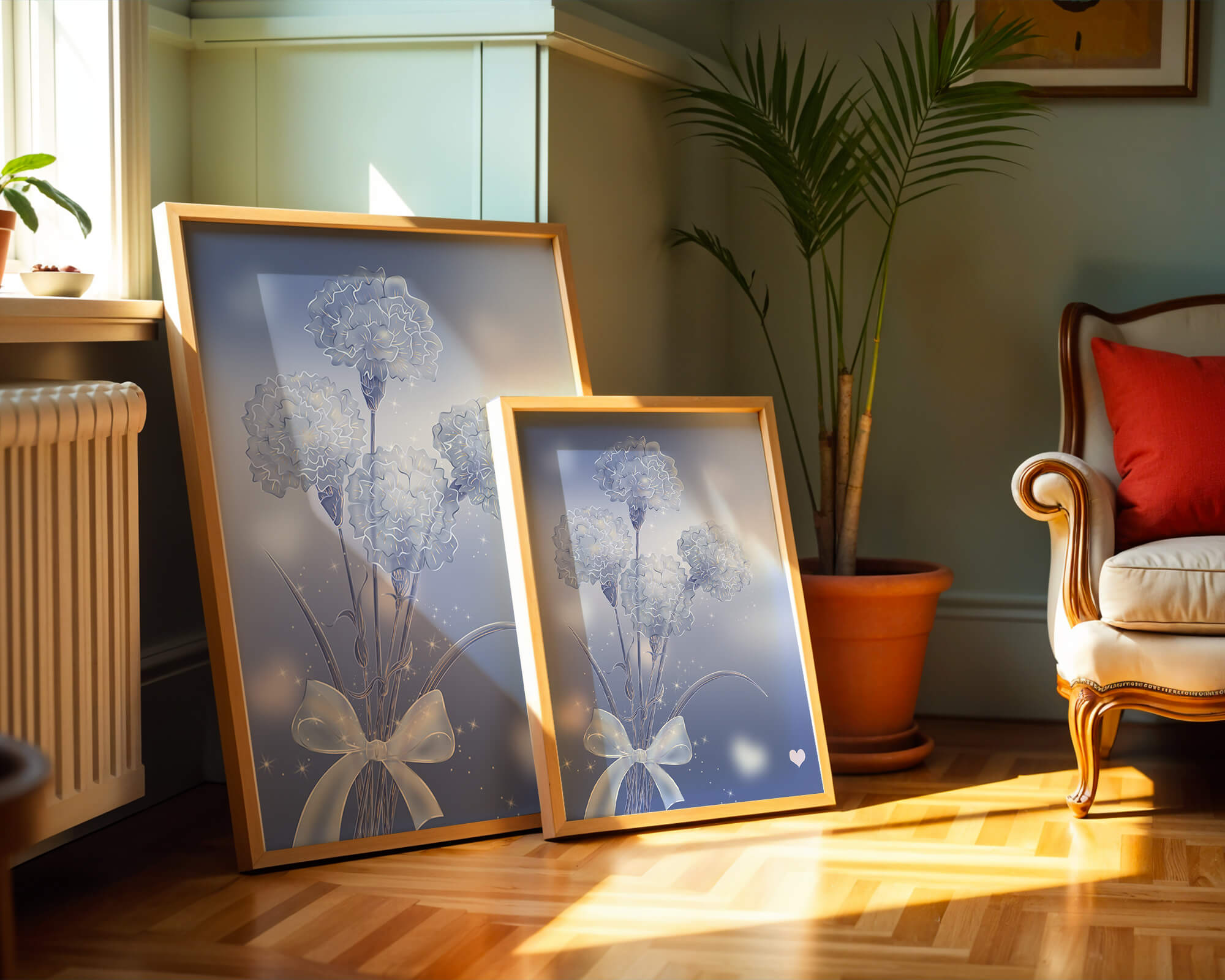 Carnations With Sparkles And Ribbon On Blue Background - Mi tienda