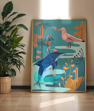 Geometric Dolphin and Seagull with Floral Elements in Abstract Nature
