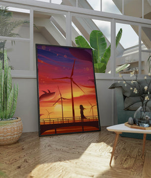 Enchanting sunset scene with wind turbines and silhouette of a girl