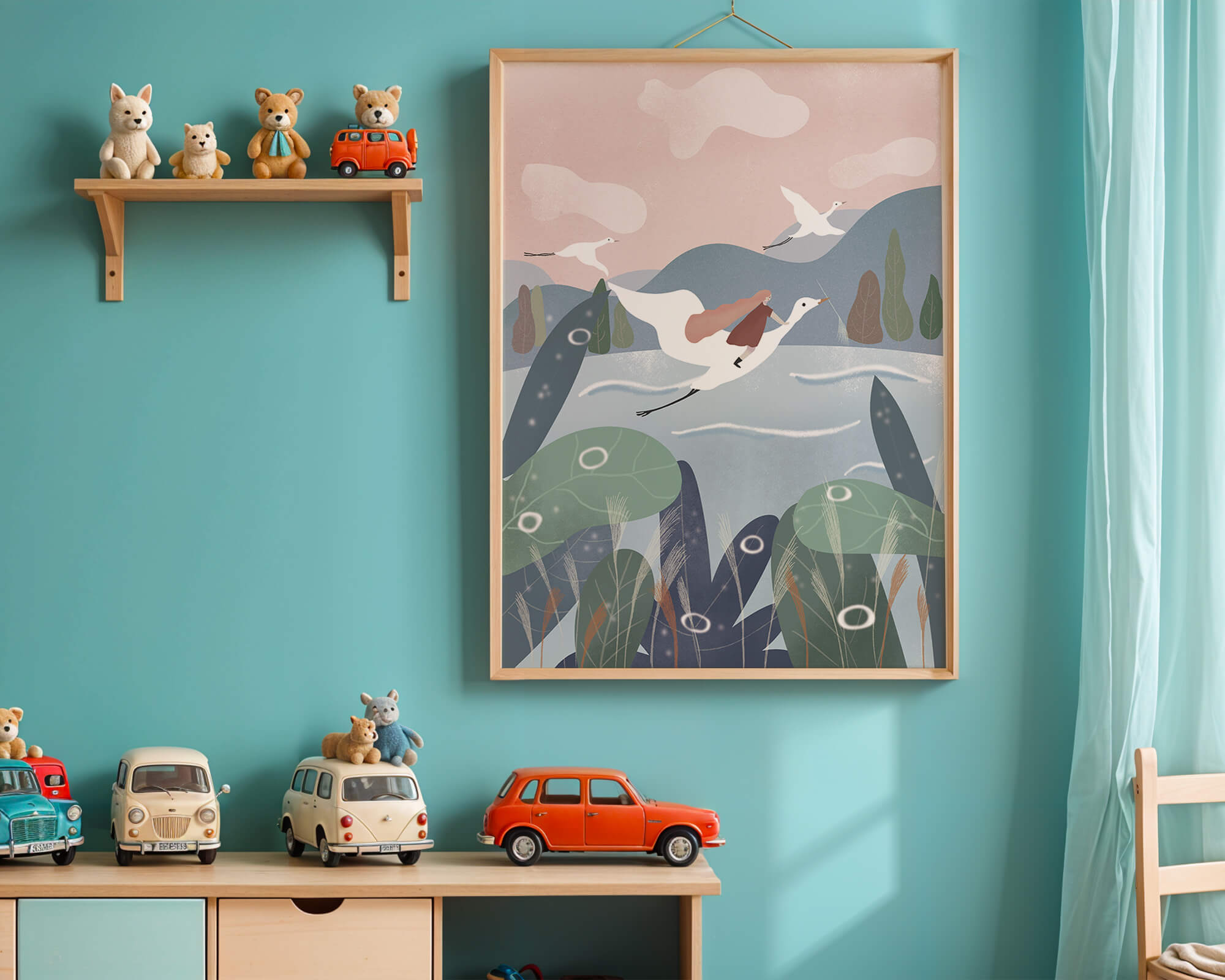 Whimsical landscape with flying birds and pink sky