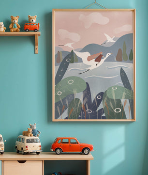 Whimsical landscape with flying birds and pink sky