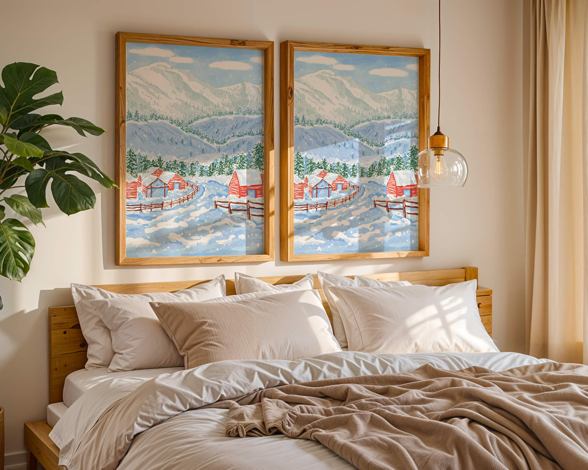 Charming snowy landscape with mountain view and cozy cabins