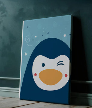 Pingüino animado juguetón sobre un fondo azul caprichoso