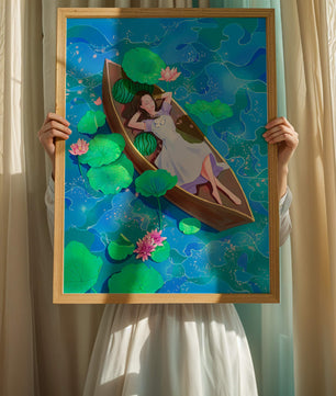 Serene illustration of a girl relaxing in a boat surrounded by lotus leaves and flowers
