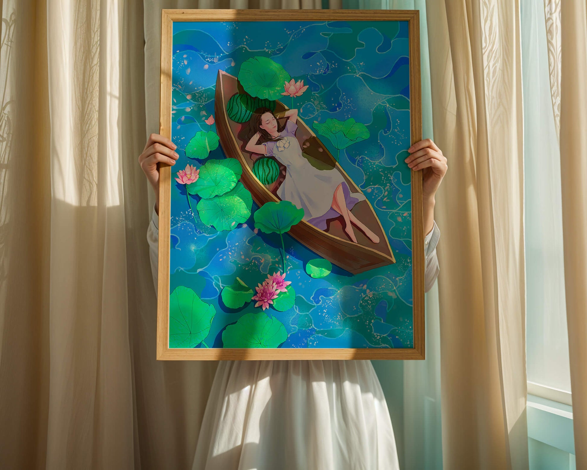 Serene illustration of a girl relaxing in a boat surrounded by lotus leaves and flowers
