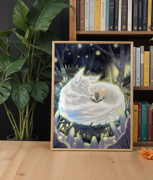 Scène de forêt fantaisiste avec un loup endormi et une silhouette mystérieuse la nuit