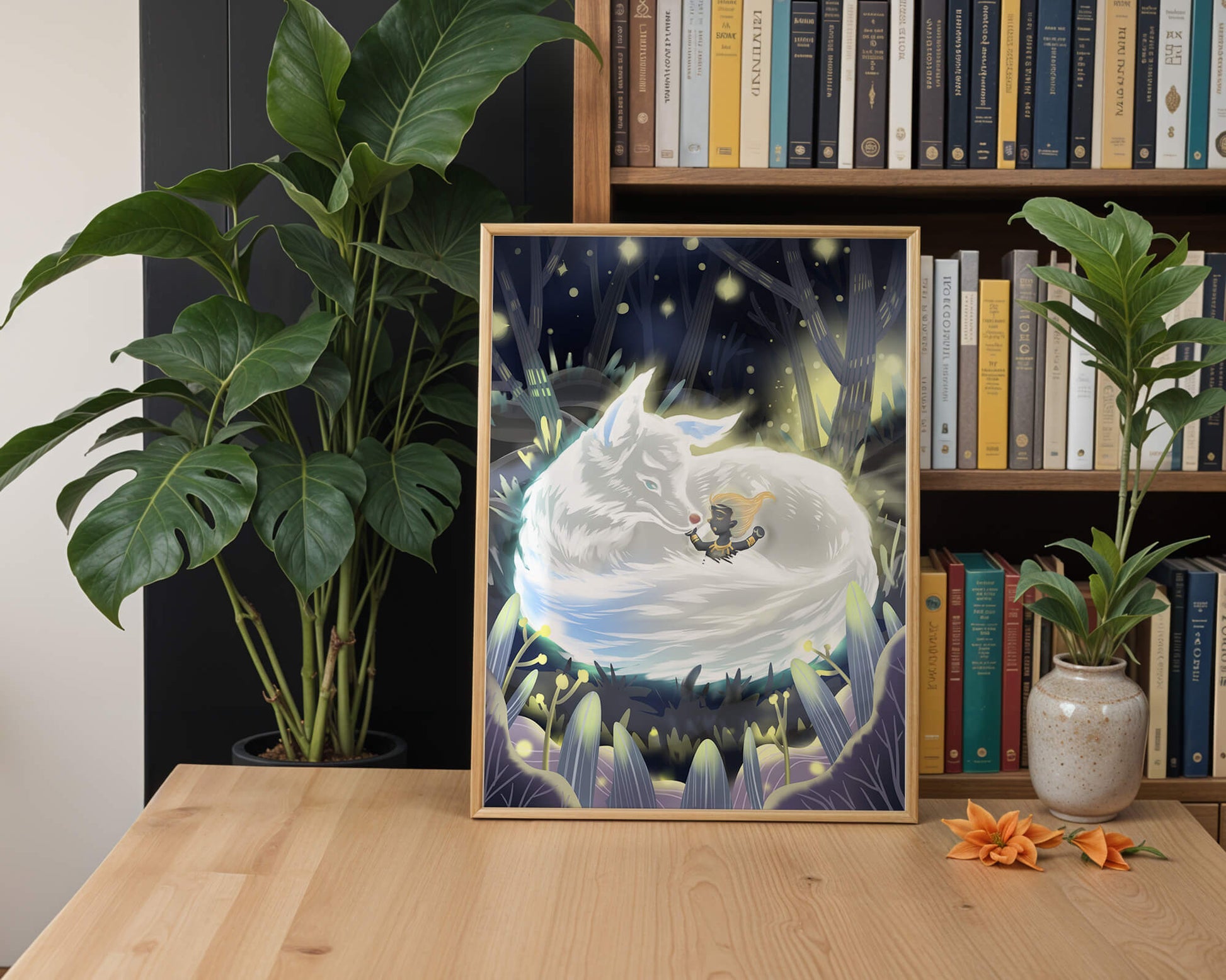 Whimsical forest scene with a sleeping wolf and a mysterious figure at night