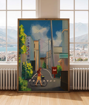 Young woman with bicycle in a quiet urban street