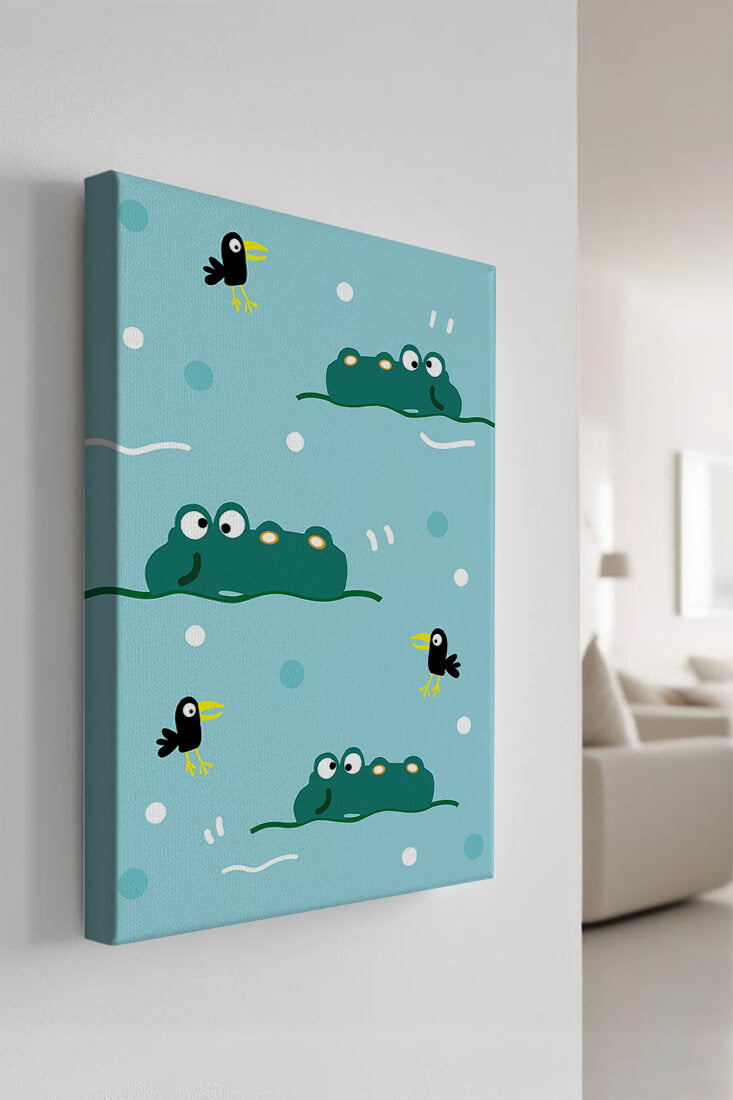 Playful cartoon crocodiles and birds on blue patterned background