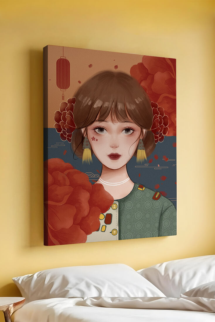 Illustration of a woman adorned with floral elements and traditional accessories