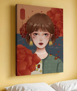 Illustration of a woman adorned with floral elements and traditional accessories