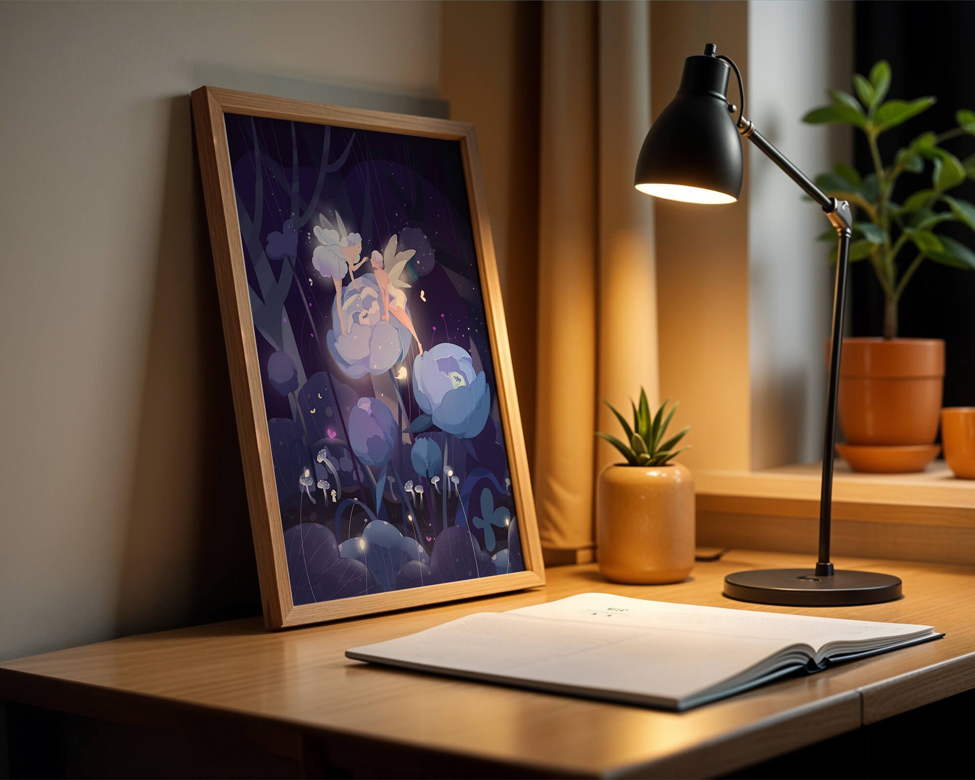 La forêt enchantée avec des fées et des fleurs lumineuses la nuit