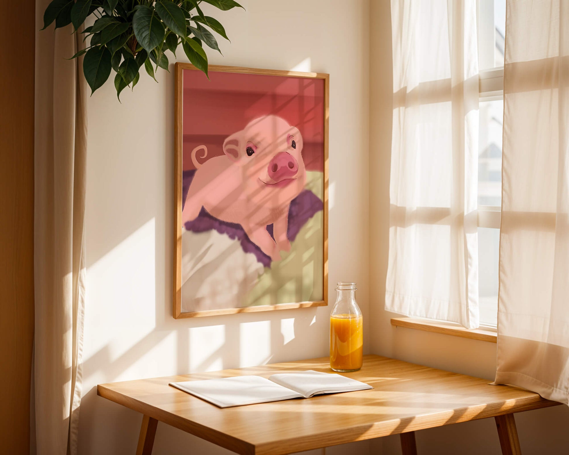 Una encantadora ilustración de un lindo cerdito con un fondo cálido.