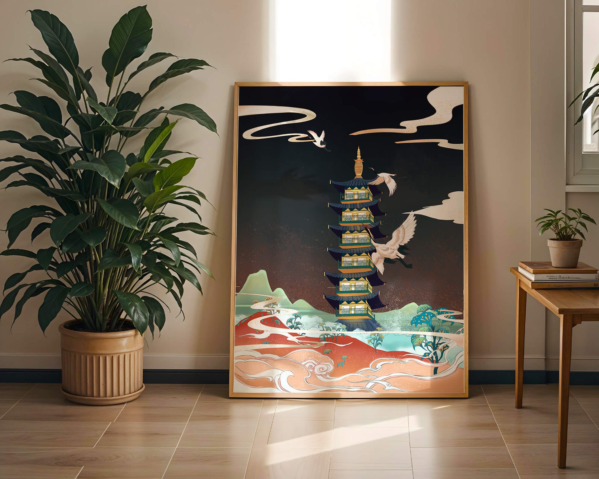 Illustrated scene of traditional pagoda with cranes in colorful landscape