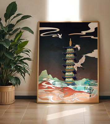Illustrated scene of traditional pagoda with cranes in colorful landscape