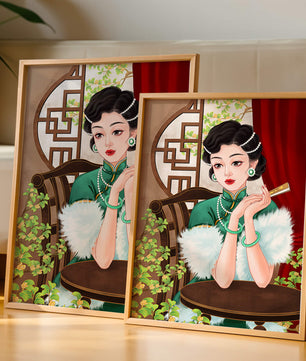 Elegant Woman in Traditional Asian Attire with Floral Background