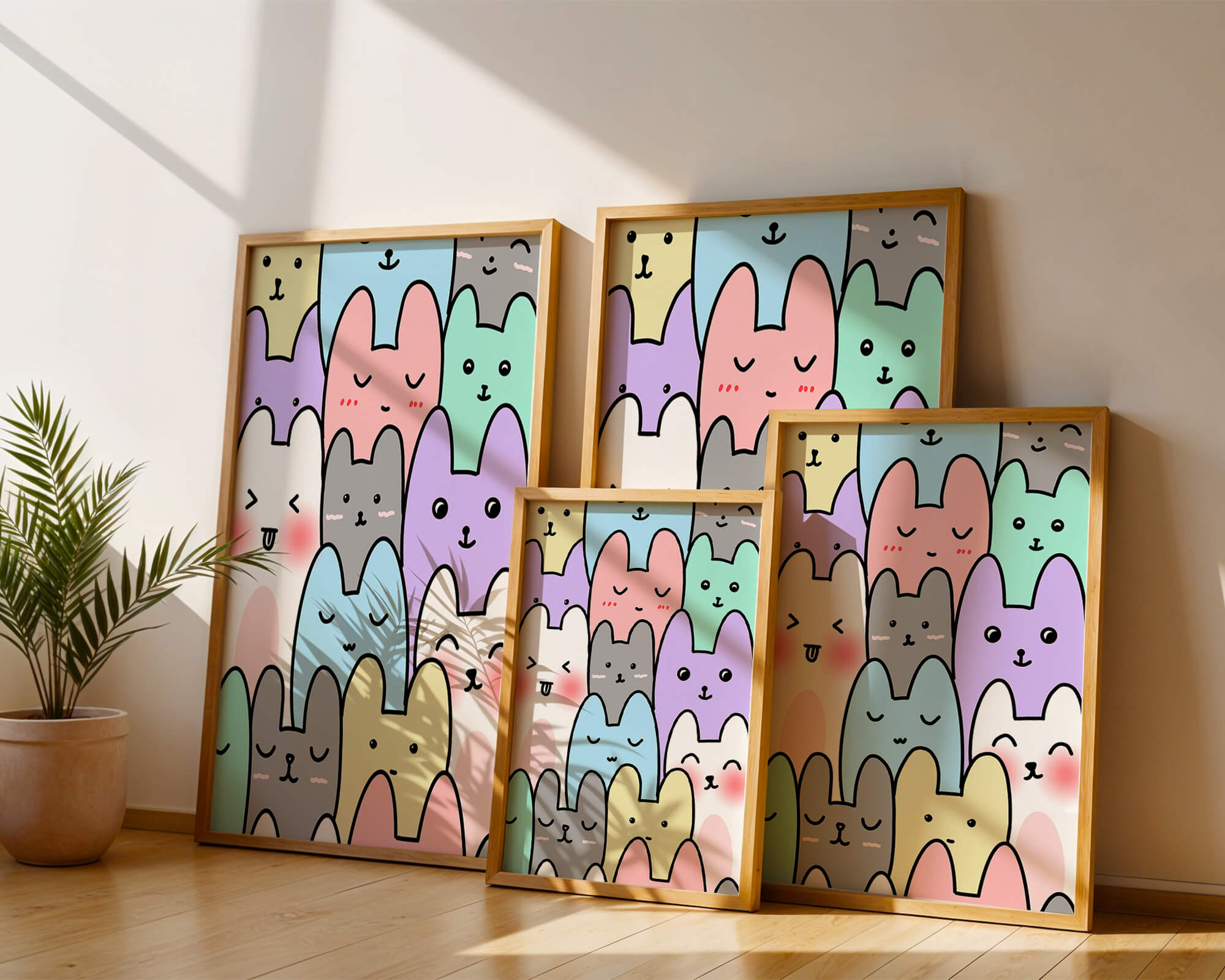 Colorful cartoon animal pattern with smiling faces