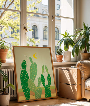 Desert cactus illustration with crescent moon
