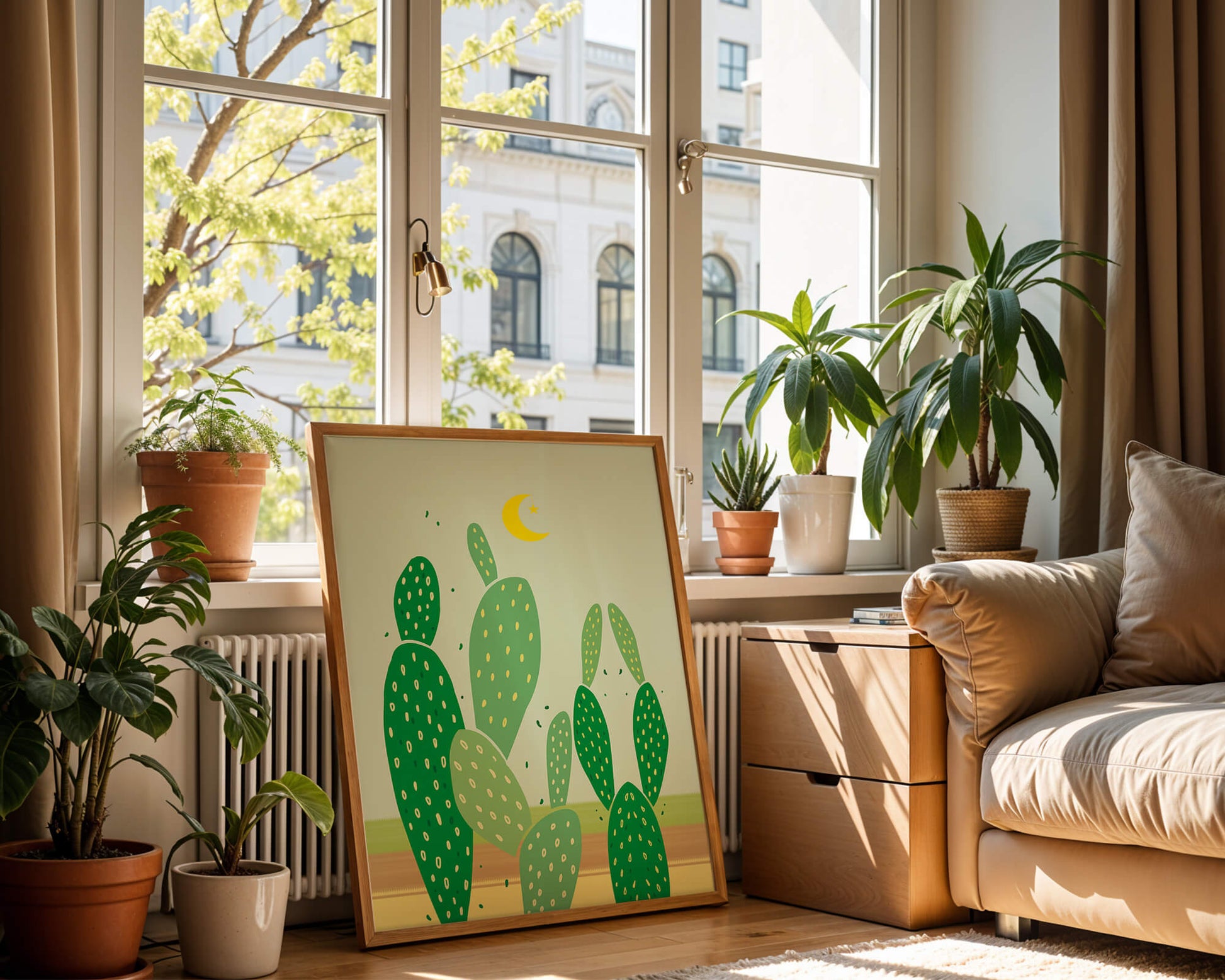Desert cactus illustration with crescent moon