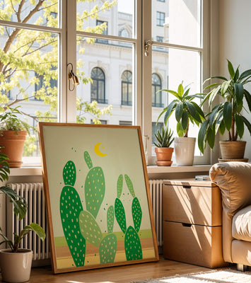 Desert cactus illustration with crescent moon