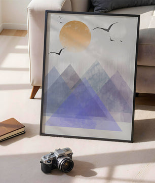Abstract Mountain Landscape with Geometric Elements and Soaring Birds