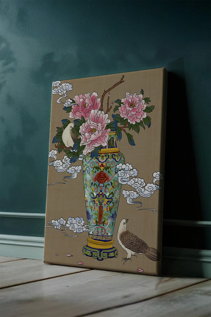 Elegant Asian Style Vase with Peonies and Birds