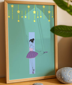 Elegant ballerina illustration with stars on a teal background