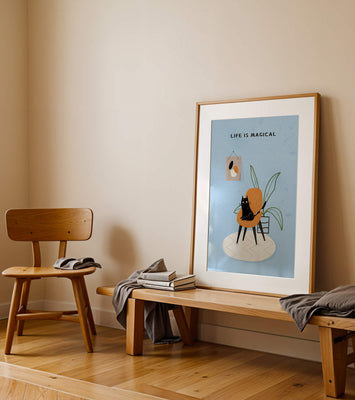 Charming Cat Relaxing on a Chair with Inspirational Quote and Art