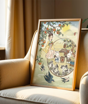Charmante orientalische Szene mit Kaninchen, Mädchen und Kumquats in der Natur