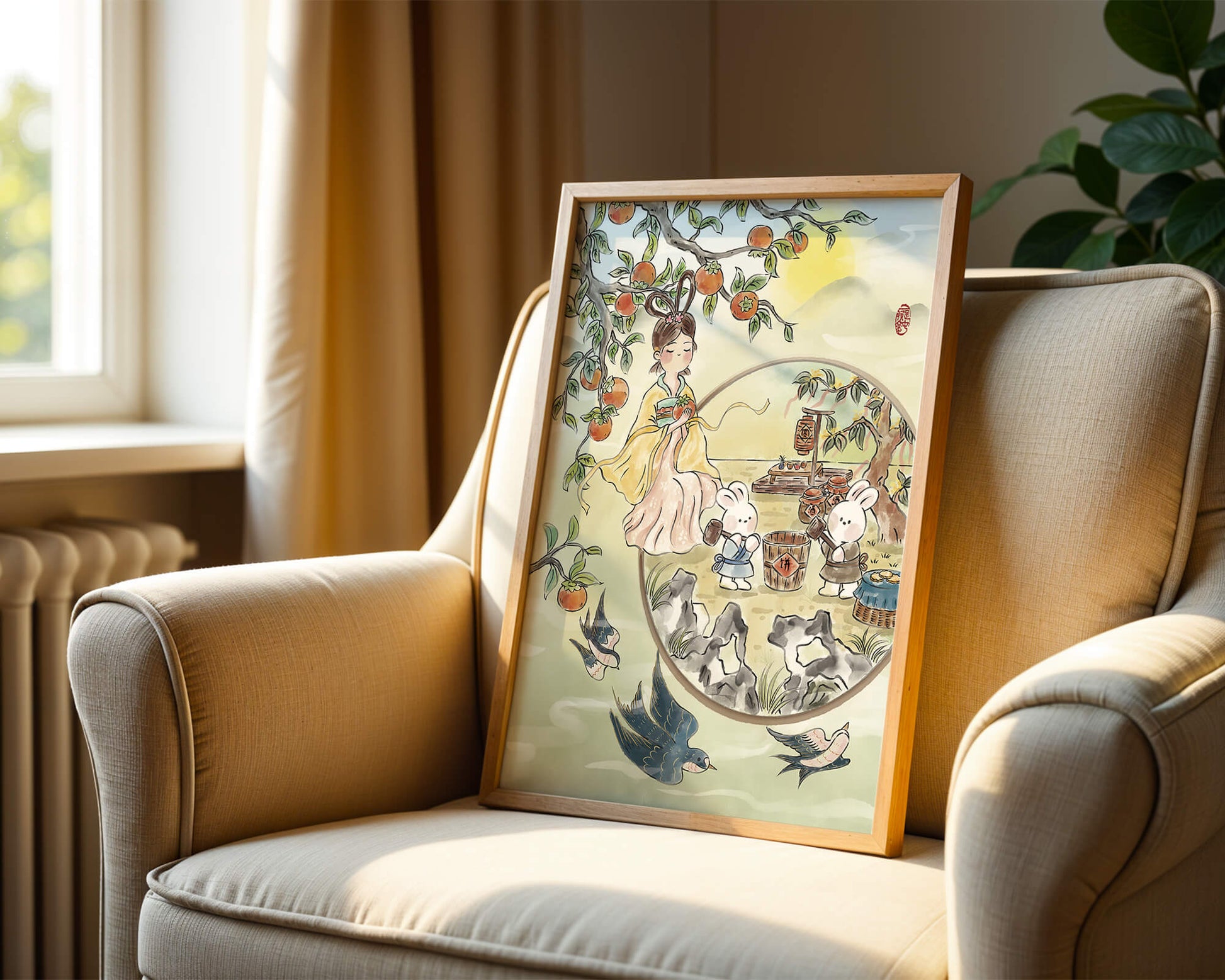 Charmante orientalische Szene mit Kaninchen, Mädchen und Kumquats in der Natur