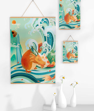 Dragon mythique au milieu de vagues stylisées et de montagnes aux couleurs vives