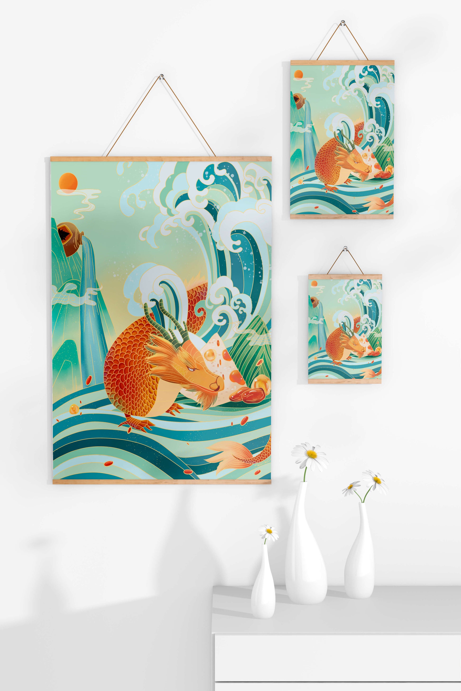 Mythical dragon amidst stylized waves and mountains in vibrant colors