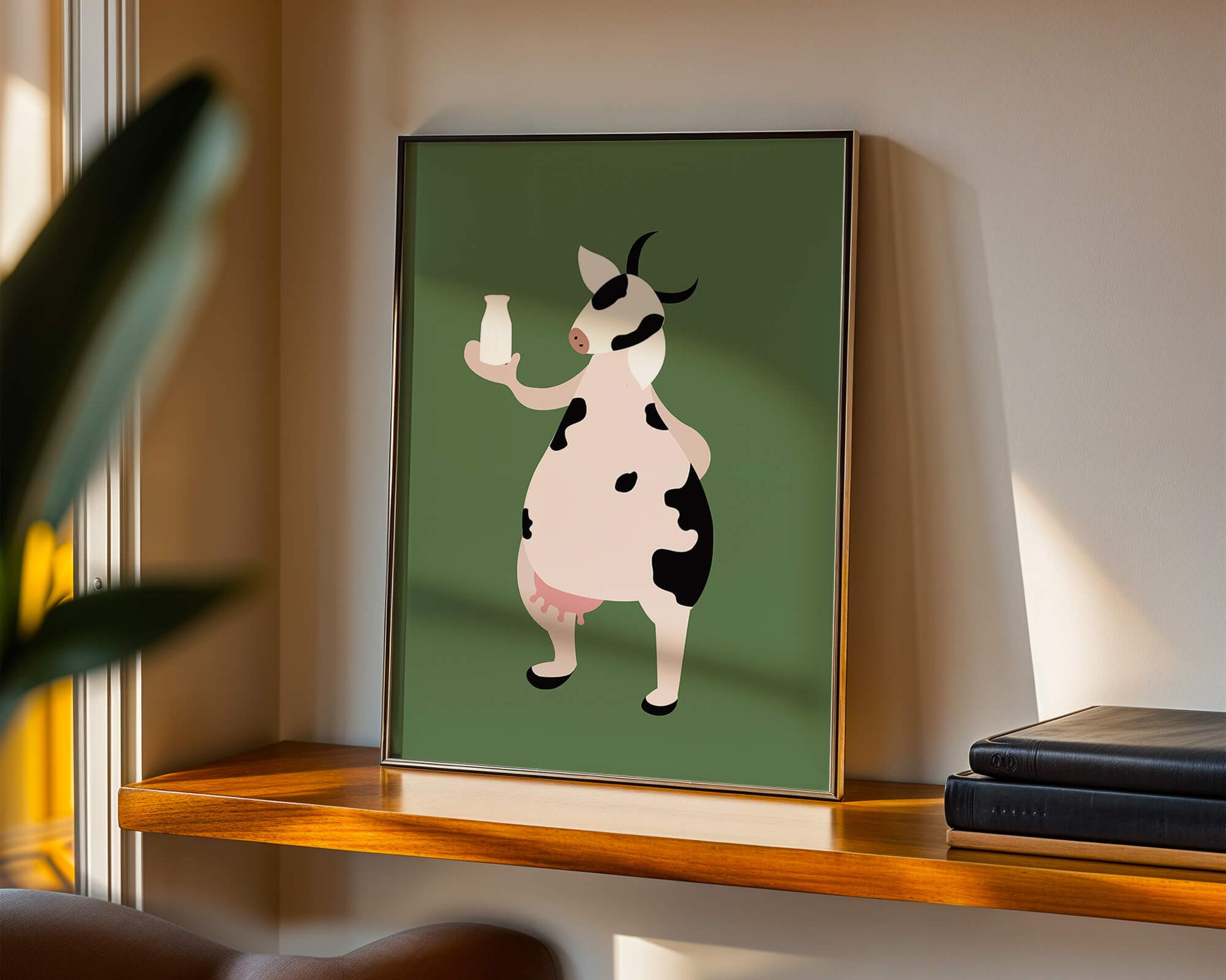 Illustration of anthropomorphic cow holding a milk bottle on green background