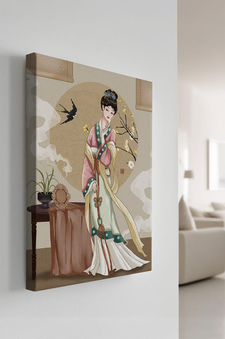 Elegant traditional Asian lady in classic attire with nature elements