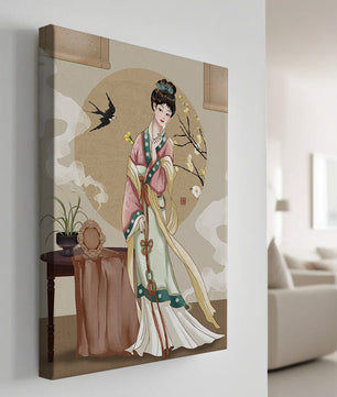 Elegante traditionelle asiatische Dame in klassischer Kleidung mit Naturelementen