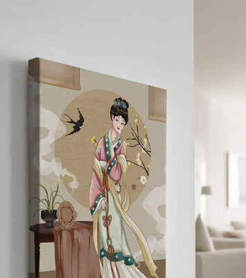 Elegant traditional Asian lady in classic attire with nature elements
